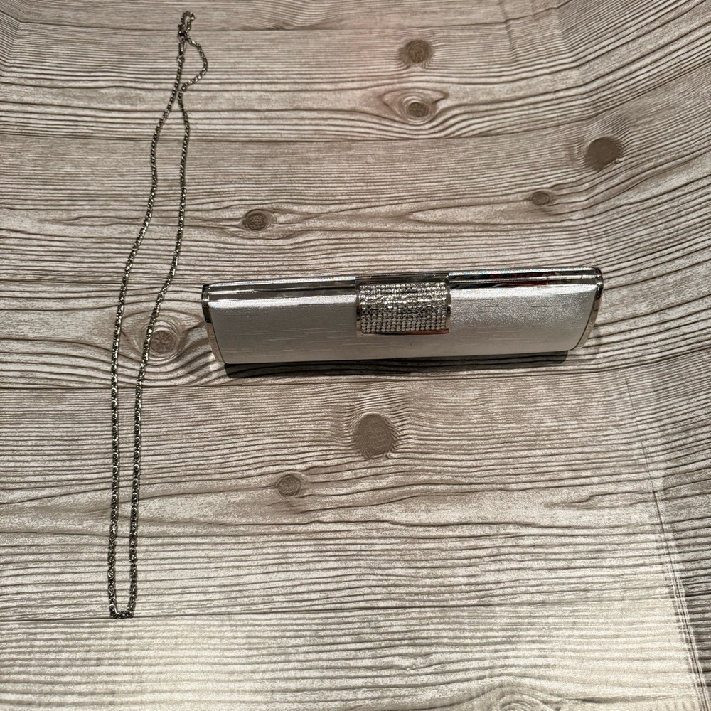 Vintage Silver Rhinestone Evening Clutch Hard Case w Chain Strap 10x3.25